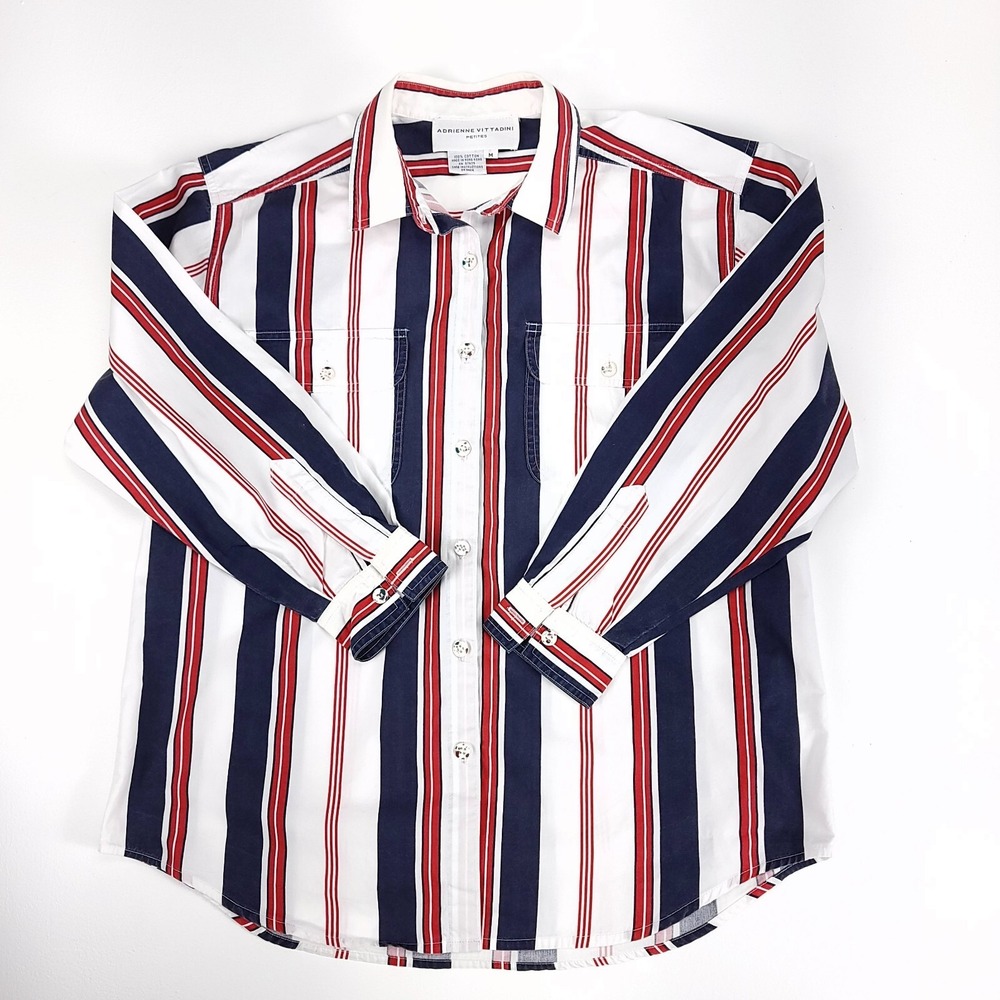 Adrienne Vittadini Petites Striped Button Down Women Medium Red White Black